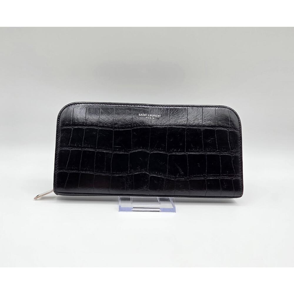 Saint Laurent Paris YSL Black Croc Embossed Leather Zip Around Long Wallet